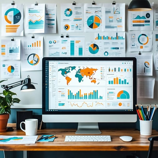 The image depicts a modern workspace filled with technology and digital tools that symbolize the evolution of marketing In the foreground a sleek desktop computer displays vibrant graphs and analytics dashboards showcasing datadriven insights Surroun